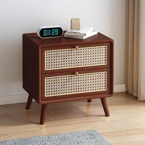 Comodino in Legno massello con Ampio vano portaoggetti, cassetti Doppi e mobiletto Alto in Rattan Color ciliegio da 48 cm, mobili di qualità Premium per riporre Oggetti in Camera da Letto e