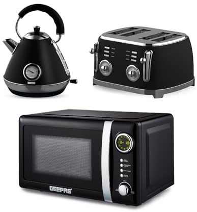GEEPAS Retrovive 1.7L Electric Kettle, 4 Slice Bread Toaster & 20 Litre 700W Digital Freestanding Microwave Oven Kitchen Combo Set | 3000W Vintage Cordless Kettle | Defrost/Reheat/Cancel 1500W | Black