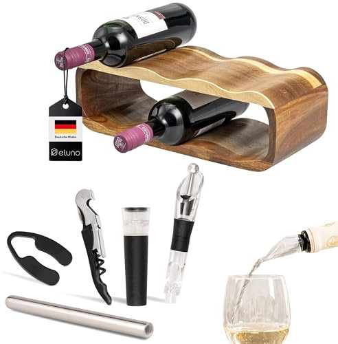 eluno Wine Rack Set of 6 Including Decanter Pourer with Stopper, Waiter's Knife, Vacuum Seal, Cooling Rod and Foil Cutter, Set for Wine Lovers, Sommelier Set, Acacia Wood