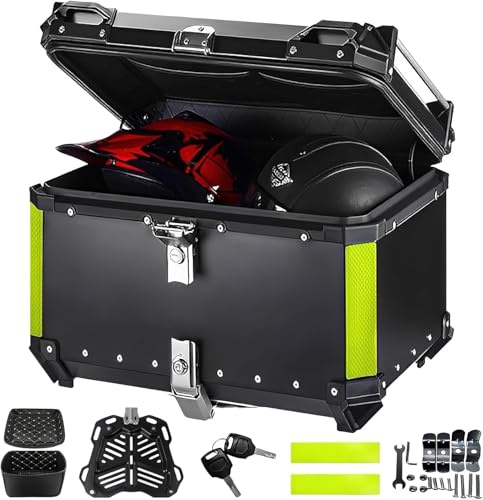 Qawner Top Case Moto Universel 65L, Top Case Moto en Aluminium étanche, Boîte de Queue de Motos, Coffre de Rangement à Double clé, Autocollant Réfléchissant, Boîte à Outils étanche pour Motos (55L)