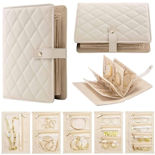 CROUTE Schmuck Organizer Tasche, Schmucktasche für Reisen, Schmuckaufbewahrung Ringbuch mit 5 Einseitigen Samttaschen mit Reißverschluss, Schmucketui, Tragbare PU Schmuck Reiseetui, Schmuckrolle