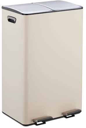Relaxdays Poubelle de Cuisine, 2 seaux Amovibles ayant chacun Une capacité de 30 litres, pédales, Beige et argenté