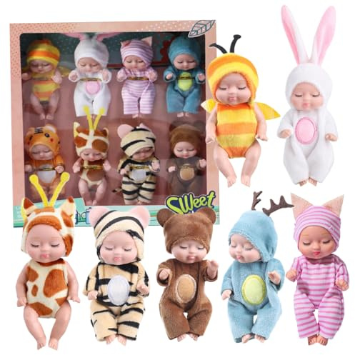 Lawnrden Mini -Babypuppen, 8pcs 4, 3 Zoll winzige Babypuppe, Möglichkeit realistische Puppe mit tierischen Kleidung, süß für Kleinkinder Mädchen Kinder 3+, Geburtstagsgeschenke, Stil 1 |.Mini -Puppen