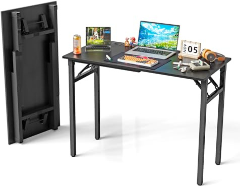 EXSELTMAN Scrivania Pieghevole Salvaspazio, Scrivania Bianca, Scrivania per Computer, 2 Prese CA, 2 Porte USB, Struttura in Metallo, per casa, ufficio, scrittura 100x50x76 cm