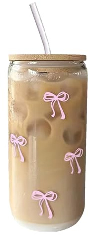 Vasos De Vidrio Para Café Con Tapas Y Pajita,Cristalería En Forma De Bow De 500 Mililitros | Taza Para El Té - Para Café Helado Cócteles Té Matcha Agua Potable Chicas Adolescentes Y Bar En Casa