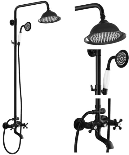 C·Kalosa Retro-Duschsystem mit Armatur, 3 Funktionen, Schwarz | Nicht thermostatisch; Kopfbrause, Handbrause und Wannenauslauf einzeln wählbar; G1/2, 150 mm, Höhe 80-110cm