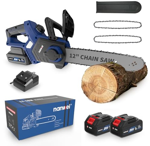 NANWEI 12 Inch Brushless Electric Chainsaw Cordless With 2x4.0Ah 20V Batteries and 2 Chains,Battery Powered Chainsaw For Wood,Tree Cutting (With Batteries)