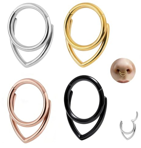 4 Pezzi Piercing Naso Cerchio, Anelli Septum Acciaio Chirurgico 16G, Acciaio Inossidabile 316L, Clicker Septum 8mm, Piercing al Naso, Anello Conch Helix Tragus Piercings Orecchio per Donna Uomo