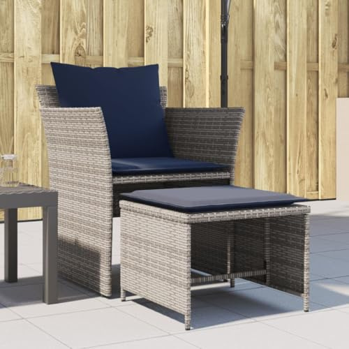 Owoxanthellate Poly-Rattan Gartensessel mit Hocker, 64×56/60×75/85 cm, Stahlrahmen, marineblaue Polster, wetterfest, für Balkon, Terrasse, Wintergarten