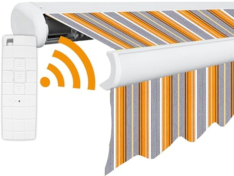 Arilco Elektrische Vollkassettenmarkise Kassettenmarkise Gelenkarmmarkise Markise Sonnenmarkise Sonnenschutz in vielen Farben und Größen wählbar in der Kassettenfarbe Weiß (4x3,5m Frühling)