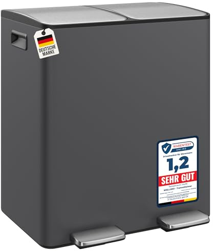 WELLGRO Treteimer grau, Mülleimer, Edelstahl Tretmülleimer mit 2 x 20 Liter, klappbaren Fußpedalen, Absenkautomatik und praktischen Tragegriffen