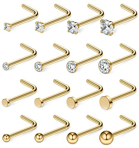 Ruifan 16PCS 20G Surgical Steel 1.5mm 2mm 2.5mm 3mm Top Flat & Ball & Clear Round & Jeweled Clear CZ Curved Nose Stud Ring L Shaped Piercing Jewelry - Gold