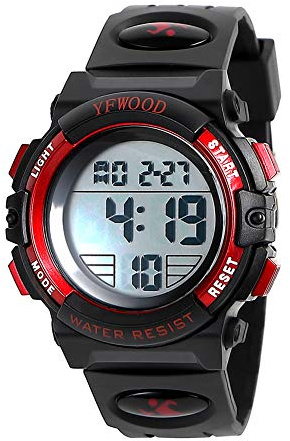 YFWOOD Kids Digital Watch,Waterproof Outdoor Watches, Children Casual Electronic Analog Quartz Wrist Watches with Silicone Band Luminous Alarm Stopwatch for Boys -Red