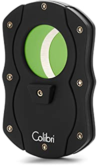 Cortador de cigarros de doble guillotina Colibri Cut, negro con detalles en verde, liberación con resorte, hasta 62 cigarros de calibre anular, diseño ergonómico.