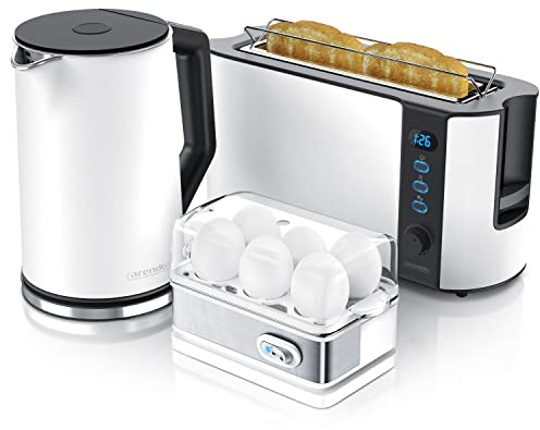 Arendo - Wasserkocher mit Toaster SET und Eierkocher SET Edelstahl Weiß matt Wasserkocher 1,5L 40° - 100°C, Toaster 2 Scheiben LED-Display 6 Bräunungsgrade Eierkocher 1-6 Eier Messbecher BPA frei