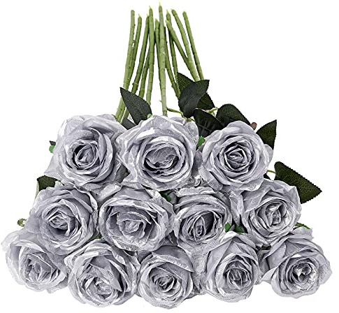 Tifuly 12 PCS Künstliche Rosen, 19,68 '' Single Long Stem Fake Rose Seide Braut Hochzeitsstrauß Realistische Blume für Hausgarten Party Hotel Büro Dekor (Blossom Roses, Silber)