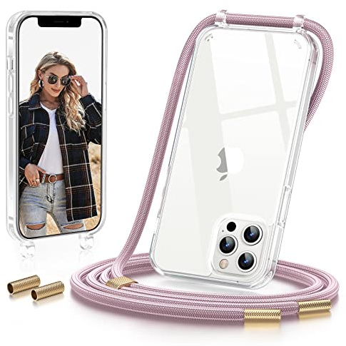 GOODVISH Handykette für iPhone 12 Pro Max Hülle mit Band, Rosé Gold | Kameraschutz und Bildschirmschutz, Necklace Handyhülle Schnur Schutzhülle für Umhängen Transparent Case mit Kordel 6.7