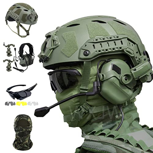 FAST SF Full Protection Taktisk Hjälm Set, Med Airsoft Headset & Tre linser Goggle & Tactical Mask, för Paintball Wargame Military Set,Green