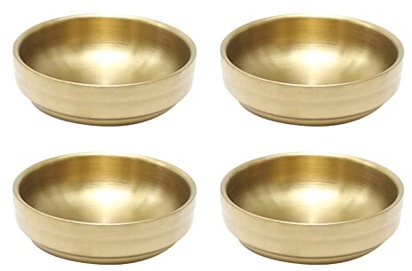 MDEOOSKY 4PCS Mini Stainless Steel Sauce Dish 3.54in Appetizer Plates Double-Deck Plates 304 Stainless Steel Plates for Oil Vinegar Juice Salad Appetizer Side Dish Ketchup (Gold 3.54IN)