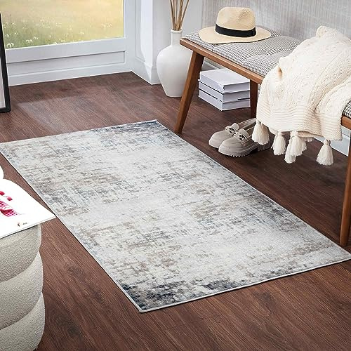 Livabliss Utrecht Tapis Abstrait pour Salon, Couloir, Salle à Manger - Tapis Moderne à Poils Moyens - Doux et Luxueux - Facile d'entretien - Ivoire - Gris et Bleu - 80 x 150 cm