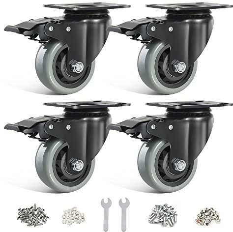 BAOLIHUI Ruedas Giratorias de 75mm Gris - Set de 4 Ruedas para Trabajo Pesado con Freno y Tornillos Carga de hasta 500KG - Ruedas para Muebles y Equipo Industrial - Uso en Interior y Exterior.