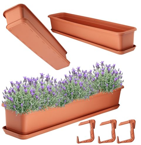 KADAX Blomlåda 80 cm med botten och hållare, terrakotta – balkonglåda av plast, planteringslåda för inomhus- och utomhusbruk, blomkruka för balkong