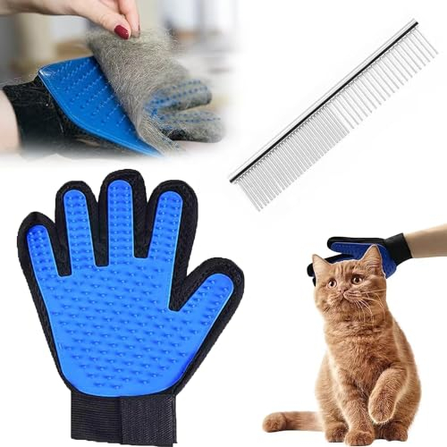Haustier Fellpflegehandschuh+Hundekämme 2-in-1 Edelstahl Haustier Kamm, Professionelle Hunde Kamm Katzen Kamm, Sanfte Fellpflegehandschuh zur Fellpflege durch Handschuh für Hund, Katze und Pferde