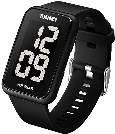 Gosasa Montre numérique carrée pour homme et femme avec grand cadran chiffres étanche LED, A Noir-Noir, Moderne