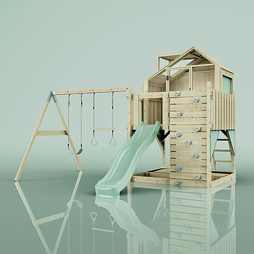 Rebo Spielturm mit Spielhaus inkl. Wellenrutsche und 2X Kinder-Schaukel, Outdoor Klettergerüst Garten,Mintgrün