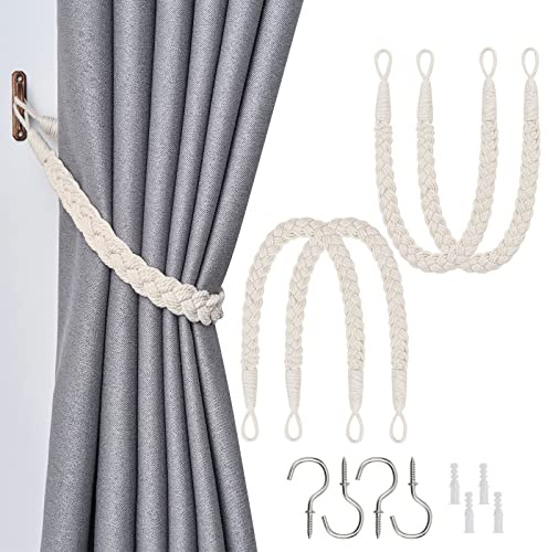 NICEEC 4 Pack Natural Cotton Rope Curtain Tiebacks Elegant Boho Style Decorative Drape Tie Backs Soft Hand-Woven Rope Curtain Holdbacks with Metal Hook for Home & Office Drapery (Beige)