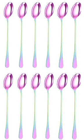PEBBLE HUG 12 Pcs Rainbow Long Handle Latte Iced Tea Spoon, Coffee Spoon, Ice Cream Spoon, Stainless Steel Cocktail Stirring Spoons(Set of 12)