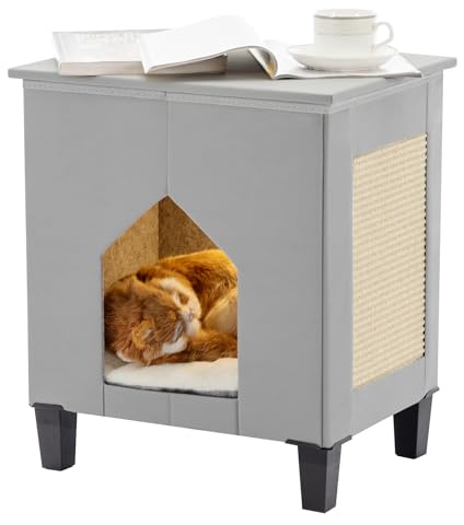 NUROMY Cat House for Indoor Cats Condo,Cat Furniture with Large Area Scratch Pad，Leather Cat Bed Side Table & Nightstand for Living Room and Bedroom Decoration,Grey
