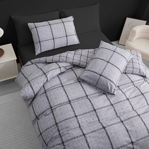 Pamposh Juego de Funda de edredón – Juego de Ropa de Cama de fácil Cuidado con Cierre de Cremallera – Microfibra ultrasuave, Gris y Blanco (Gris y Negro, Double (200 x 200 cm))