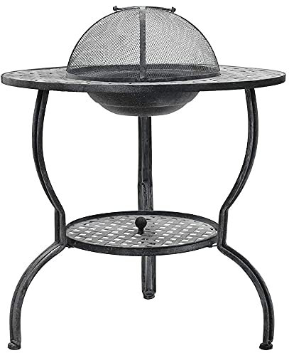 Table de brasero avec étagère de grill, foyer rond 4 en 3 pour barbecue, chauffage, foyer à glace, table basse en métal pour jardin, camping, pique-nique, feu de joie, jardin (gris diamètre 70 cm