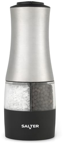 Salter BW12944EU7 Moulin à sel et poivre électrique Duo – fonctionnement d'une seule main, mouture réglable, mécanisme en céramique, fenêtre en transparent, capuchon de base pour plus de fraîcheur
