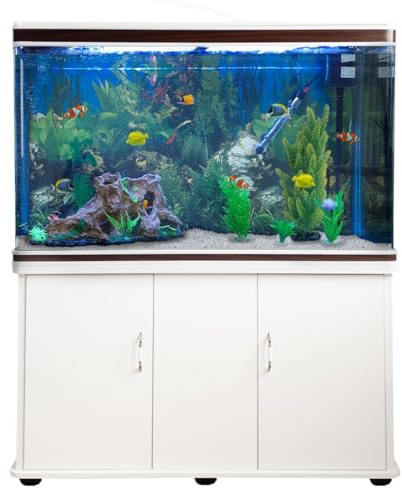 Monster Shop Aquarium 300 L Weiß - Vollständiges Starter-Set mit Aquarium, Unterschrank, Kies und Hintergrund - Ideal für Fische - Glas - 143,5 cm H x 120,5 cm B x 39 cm T