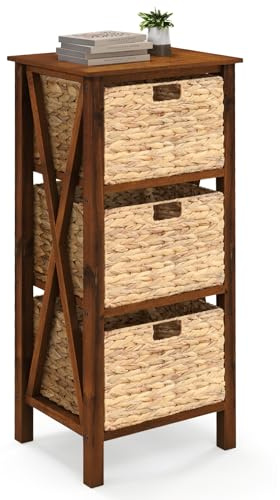 Giantex 3-Tier Nightstand with 3 Wicker Baskets, Wooden X-Design Side Table End Table, Beside Table with Acacia Wood Legs, Mid Century Accent Storage Cabinet for Small Spaces, Bedroom, Walnut