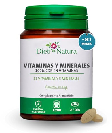 Dieti Natura Vitaminas y Minerales Cápsulas - Complejo Multivitamínico para el Cansancio - Vitaminas A,B,C,E, Magnesio, Zinc, Yodo, Selenio, Manganeso - Multivitaminas Mujer y Hombre (200 Cápsulas)