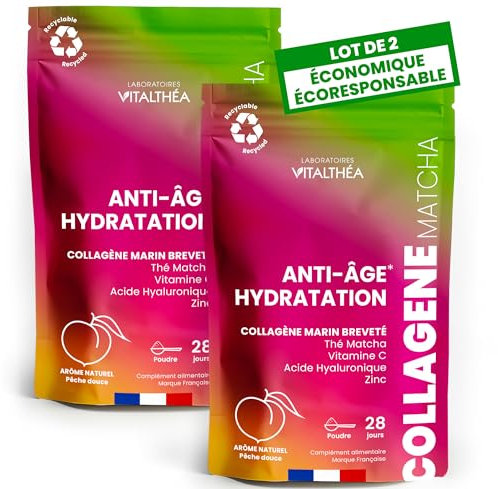 COLLAGENE MARIN POUDRE + ACIDE HYALURONIQUE + THÉ MATCHA + ZINC + VITAMINE C : Formule Exclusive Premium | Anti-âge Peau & Articulations Sport |RÉSULTATS PROUVÉS* |Goût Pêche Douce |Fabrication France