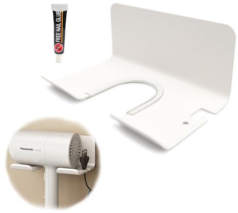 AMONENZ Support Seche Cheveux sans Percage, Support Seche Cheveux, Espace Aluminium Porte Seche Cheveux, avec Colle Autocollante, pour Plupart des Sèche Cheveux (Blanc)