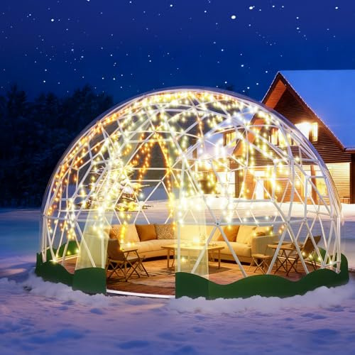 3,6M x 2,2M Gewächshaus Gartenkuppel Zelt für 4–7 Personen, Geodätische Blasenzelt mit TPU-Klar Abdeckung, Durchsichtiges Kuppelzelt mit 2 x 10M Light Strings für Hinterhof, Hochzeit, Grüner Rand