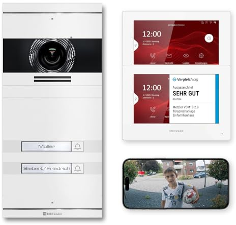 Metzler VDM10 2.0 Video Sprechanlage Komplett Set mit austauschbarem Namensschild - Anschluss 2-Draht - Türsprechanlage mit HD-Kamera und Bildschirm für 2 Familienhaus, in Weiß aus V2A Edelstahl
