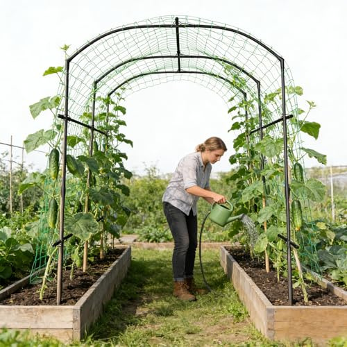 SUNYRISY Große Gartenbogen für Kletterpflanzen Rankhilfe 220cm Hoher | PE Beschichtete Metallhalterung mit Ranknetz, Rankbogen Rankgitter für Luffa, Gurke, Rosenbogen Kletterpflanzen im Freien