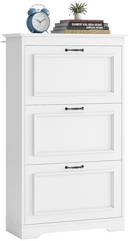Brinlawb Schuhschrank Weiß Schuhkipper mit 3 Klappen, Schuhkommode Schuhregal mit Trennwände verstellbar und abnehmbar, für 14-18 Paar Schuhe, Schuhschrank Holz für den Eingang, Flur, Wohnzimmer Weiß