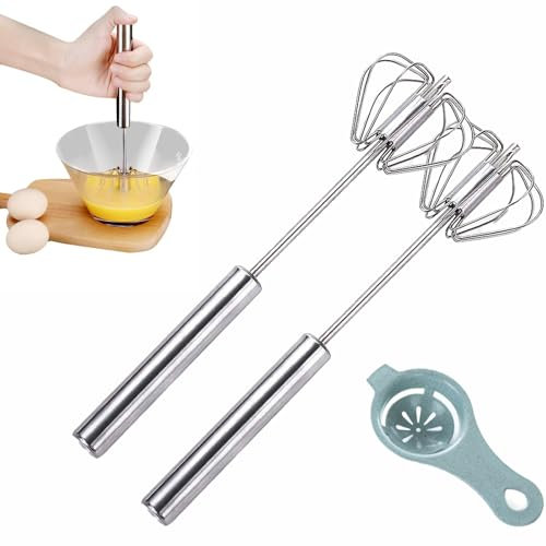 Hsyadazi Lot de 2 fouets semi-automatiques en acier inoxydable, 33 cm, en acier inoxydable, mélangeur rotatif, fouet pour la cuisine, fouet semi-automatique pour mélanger et battre (argent)