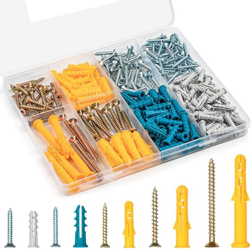 Kit de anclajes de cemento y tornillos para pared seca, tornillos de tierra, anclajes de pared de plástico y tornillos de cabeza 270 piezas