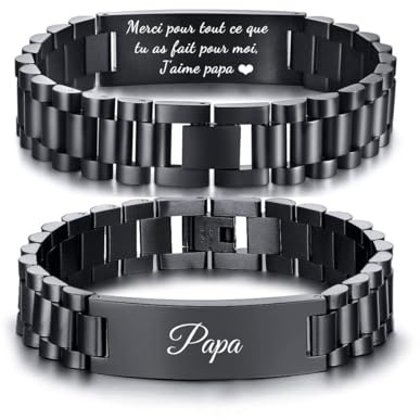 Gamtic Bracelet Homme Personnalisé Photo Gravure, Gravé Prenom/Texte/Photo, Bracelet Réglable Maillons Acier Inoxydable Cadeau Personnalisé pour Homme Papa Mari Petit-Ami (Noir (Texte))