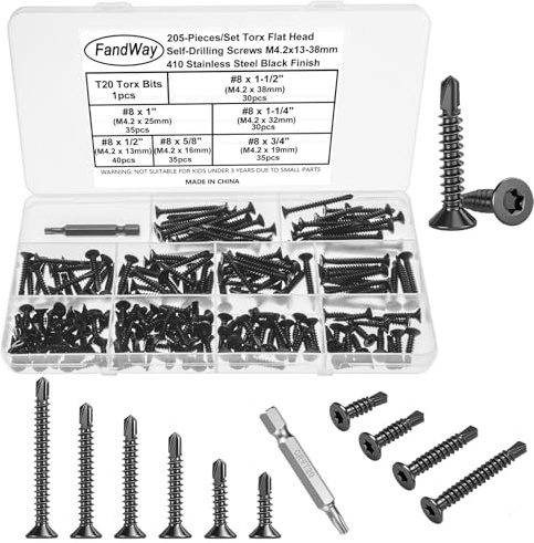 FandWay 205 Pcs Torx Self Tapping Screws Metal,M4.2x13~38mm Torx Countersunk Self Drilling Screws,Flat Head Sheet Metal Tek Screw 410 Stainless Steel Black Coating With 1 T20 Bits For Metalwork.