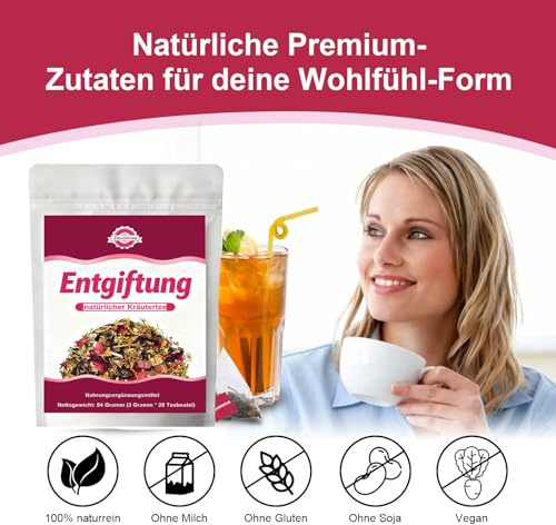 Detox Tee zum Abnehmen, 56 Tage Abnehmentee, Natürliche Kräutermischung mit Löwenzahn, Grüner Tee, Oolong Tee- Fördert Wohlbefinden, Verdauung und hilft beim Abnehmen, Wechseljahren Unterstützung