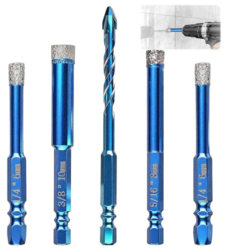 Porcelain Tile Drill Bits Set, Diamond Hole Saw Kit 6 6 8 10mm+6mm Quick-fit Hex Shank Dry Drill Bits for Granite Marble Porcelain Glass Stone Ceramic Tile Positioning Driling Holes
